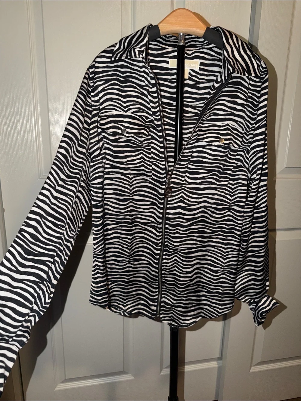 Zebra Print Zip-Front Women's Blouse- Black & White